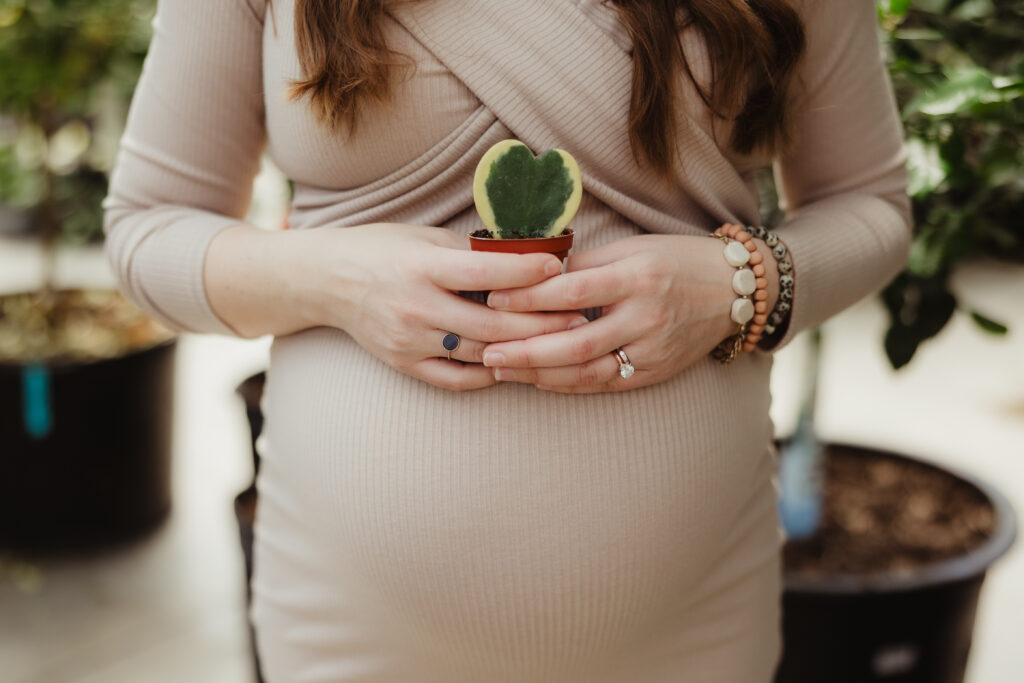 Beautiful greenhouse maternity photos in Madison Wisconsin with soft natural light